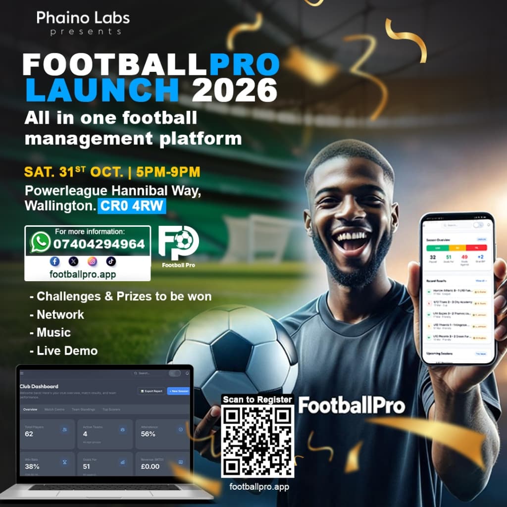 FootballPro Launch 2026 flyer — Saturday 31 October, 5pm to 9pm, Powerleague Hannibal Way, Wallington CR0 4RW